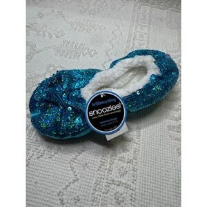 Snoozies Brilliance Bling Sequin Slipper Socks Teal Large Cozy House Shoes NWT